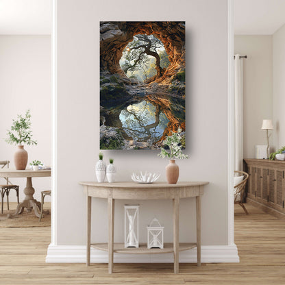 Boomspiegeling in grot canvas met baklijst