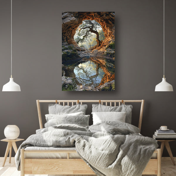 Boomspiegeling in grot canvas met baklijst