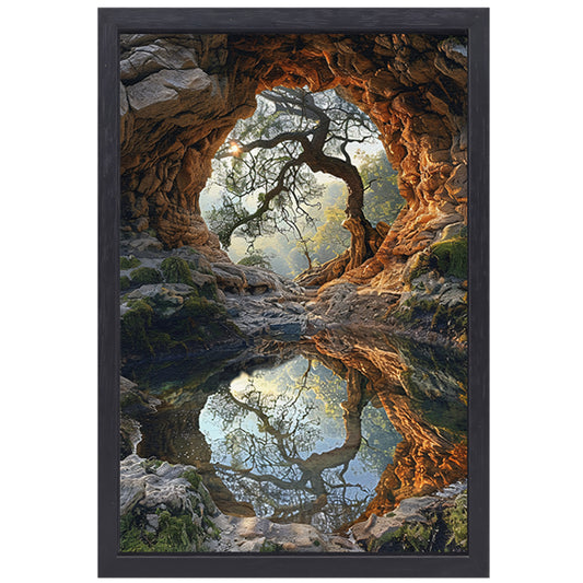 Boomspiegeling in grot canvas met baklijst