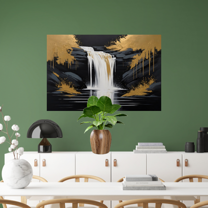 Abstracte Waterval in Gouden Reflectie canvas met baklijst