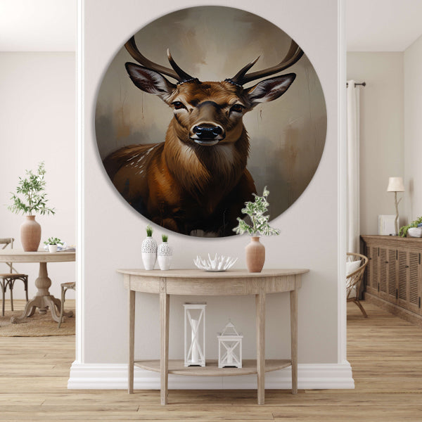 Majestueus hert met imposant gewei in olie aluminium muurcirkel