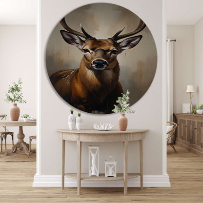Majestueus hert met imposant gewei in olie aluminium muurcirkel