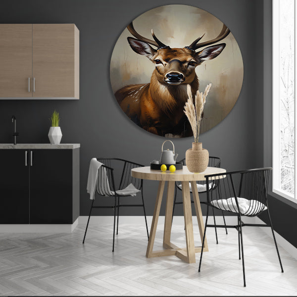 Majestueus hert met imposant gewei in olie aluminium muurcirkel