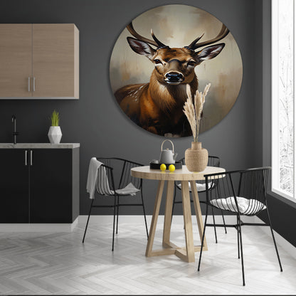 Majestueus hert met imposant gewei in olie aluminium muurcirkel