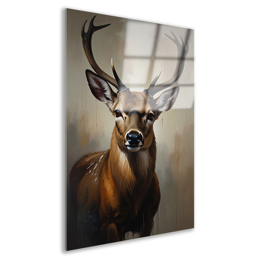 Majestueus hert met imposant gewei in olie acrylglas