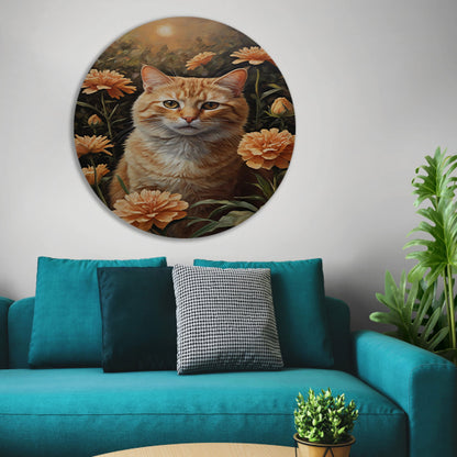 Oranje Kat tussen Bloeiende Goudsbloemen aluminium muurcirkel