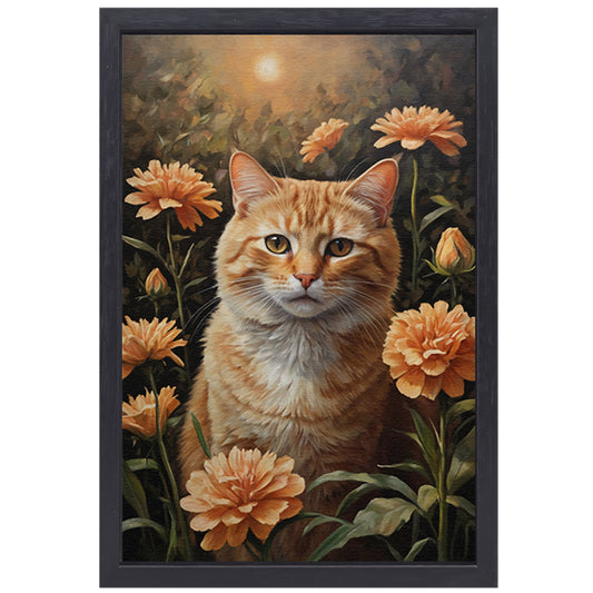 Oranje Kat tussen Bloeiende Goudsbloemen canvas met baklijst