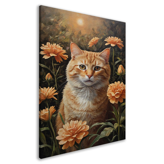 Oranje Kat tussen Bloeiende Goudsbloemen canvas