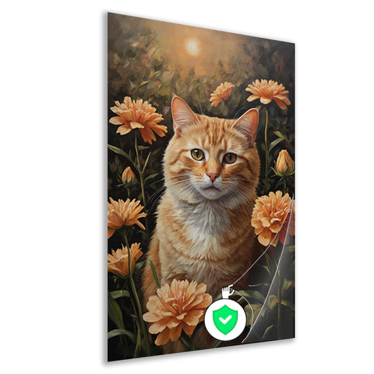 Oranje Kat tussen Bloeiende Goudsbloemen poster