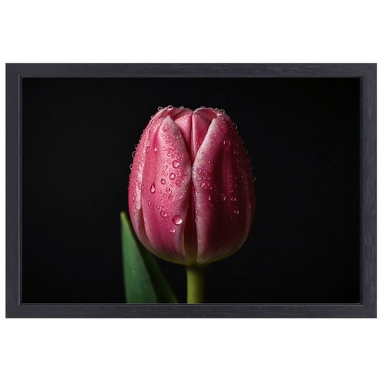 Roze Tulp met Dauw op Zwarte Achtergrond canvas met baklijst