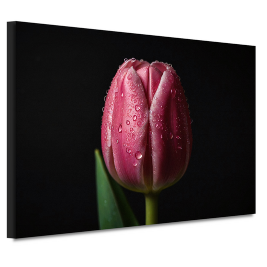 Roze Tulp met Dauw op Zwarte Achtergrond canvas