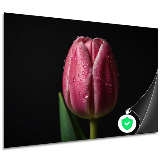 Roze Tulp met Dauw op Zwarte Achtergrond poster