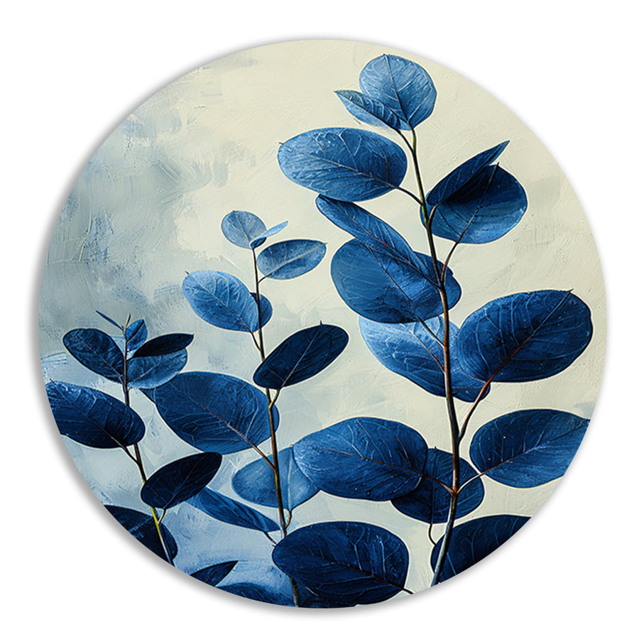Abstracte Weergave van Blauwe Bladeren in Kunst aluminium muurcirkel