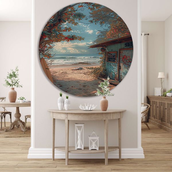 Kleurrijk strandhuisje met surfplanken forex muurcirkel
