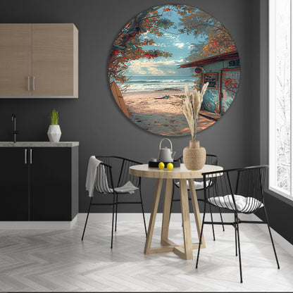 Kleurrijk strandhuisje met surfplanken forex muurcirkel