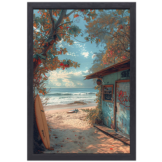 Kleurrijk strandhuisje met surfplanken canvas met baklijst