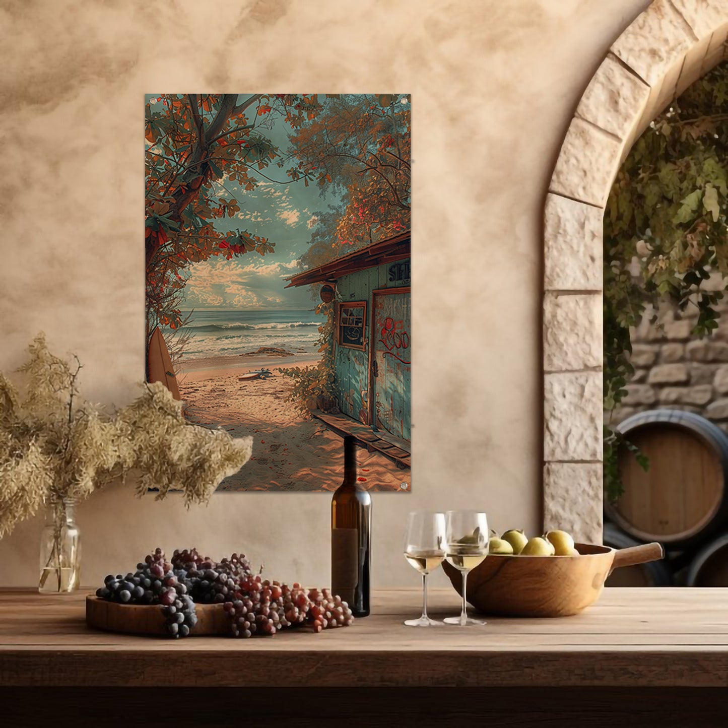 Kleurrijk strandhuisje met surfplanken tuinposter