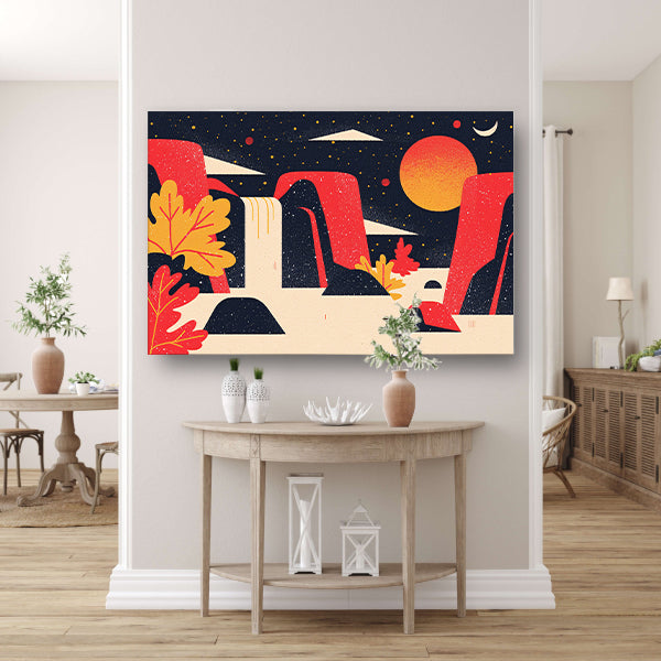 Kleurrijke abstracte waterval met rotsen poster