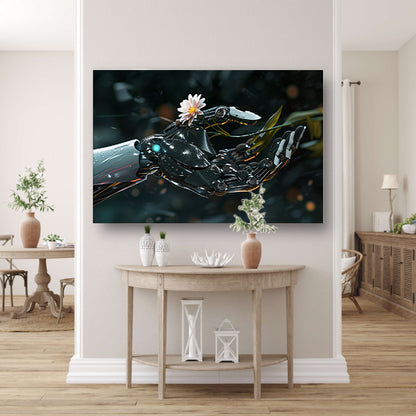 Robotarm met bloem in delicate balans canvas