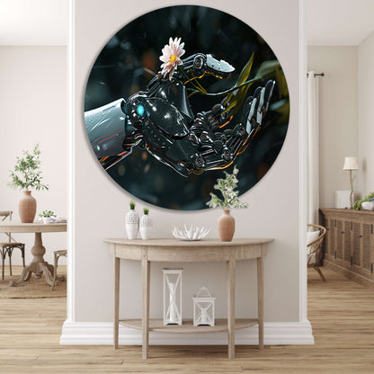 Robotarm met bloem in delicate balans aluminium muurcirkel