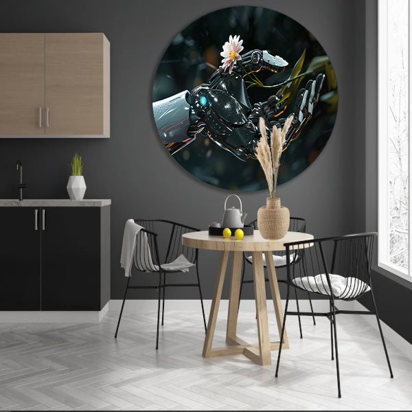 Robotarm met bloem in delicate balans aluminium muurcirkel
