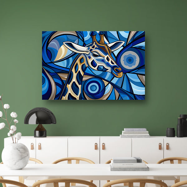 Abstracte schilderij van een giraffe in blauw poster
