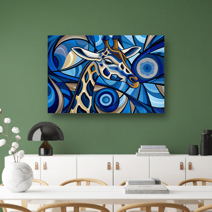 Abstracte schilderij van een giraffe in blauw poster