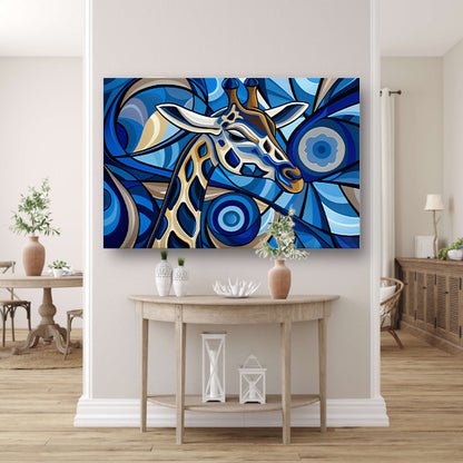 Abstracte schilderij van een giraffe in blauw poster