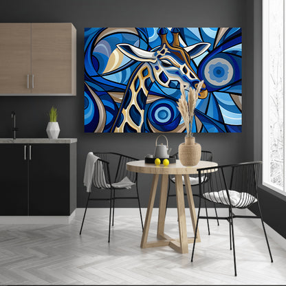 Abstracte schilderij van een giraffe in blauw poster