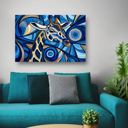 Abstracte schilderij van een giraffe in blauw poster