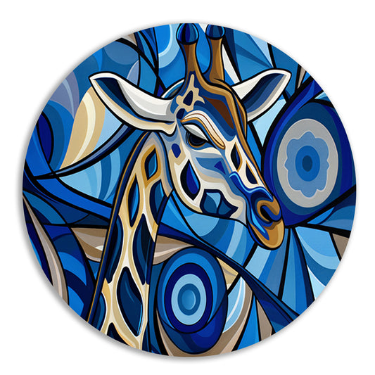 Abstracte schilderij van een giraffe in blauw aluminium muurcirkel