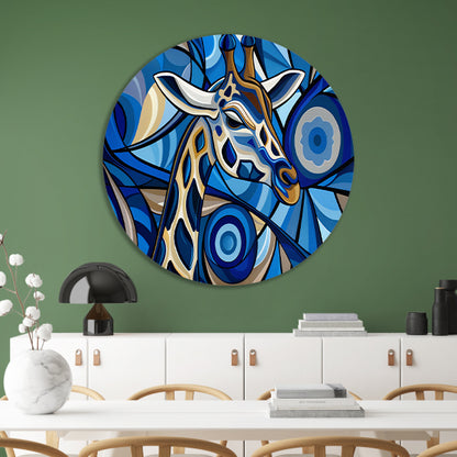 Abstracte schilderij van een giraffe in blauw aluminium muurcirkel