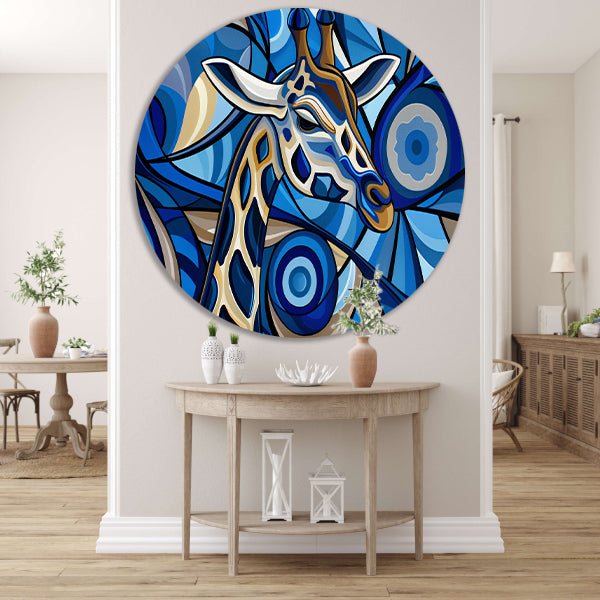 Abstracte schilderij van een giraffe in blauw aluminium muurcirkel