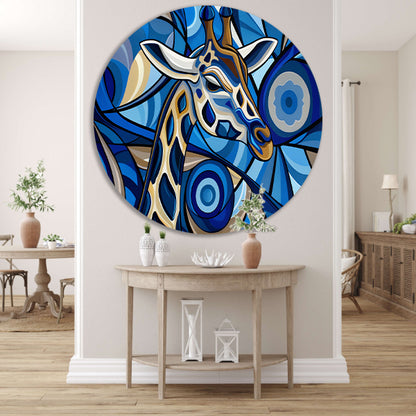 Abstracte schilderij van een giraffe in blauw aluminium muurcirkel