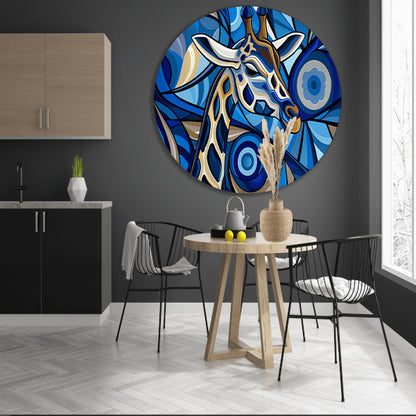 Abstracte schilderij van een giraffe in blauw aluminium muurcirkel
