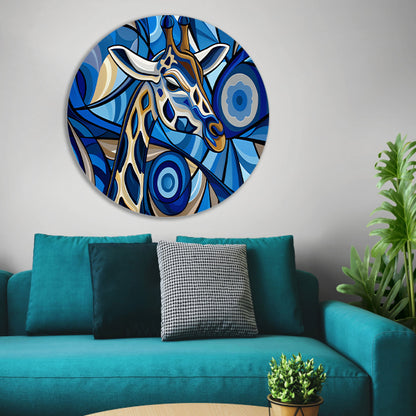 Abstracte schilderij van een giraffe in blauw aluminium muurcirkel