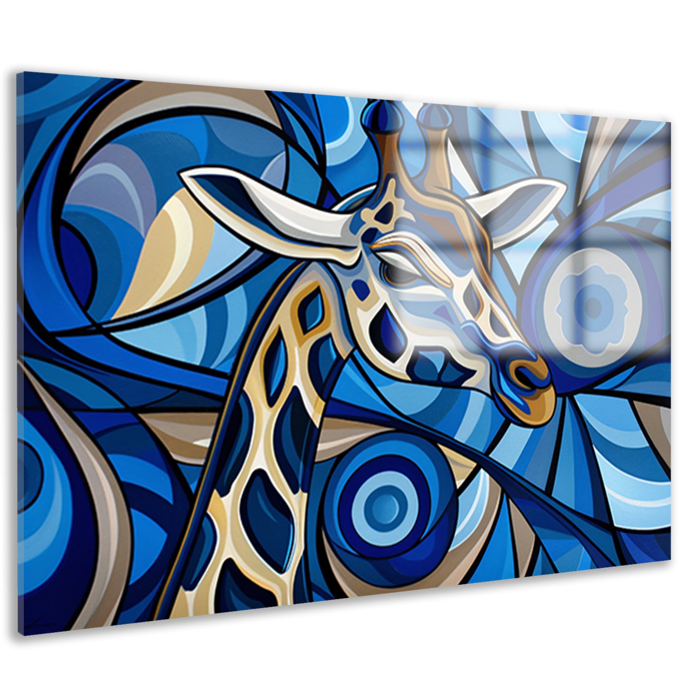 Abstracte schilderij van een giraffe in blauw acrylglas