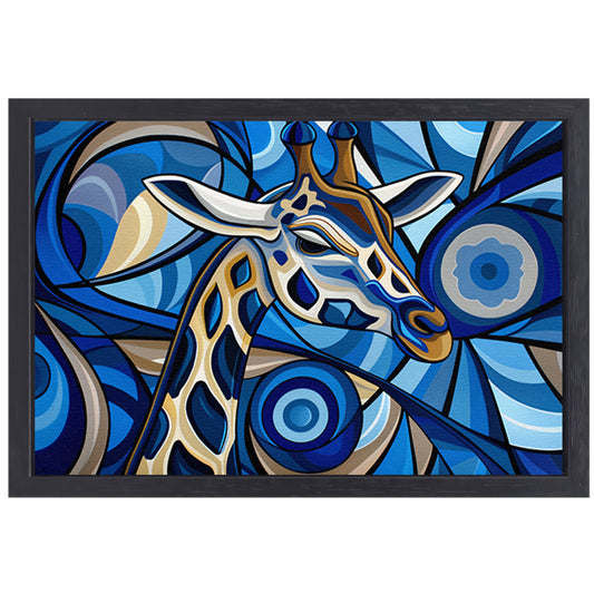 Abstracte schilderij van een giraffe in blauw canvas met baklijst