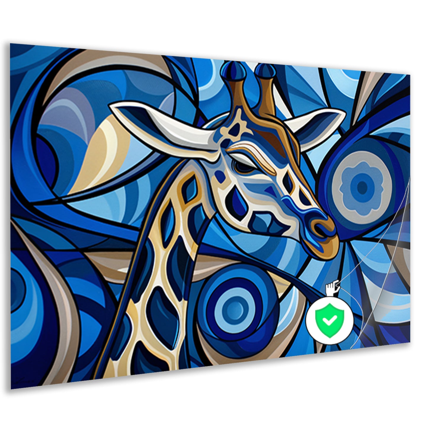 Abstracte schilderij van een giraffe in blauw poster