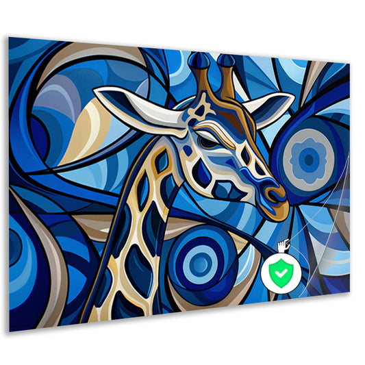 Abstracte schilderij van een giraffe in blauw poster