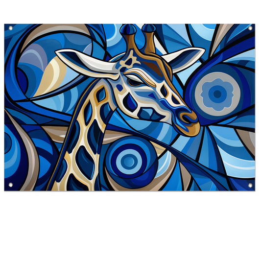 Abstracte schilderij van een giraffe in blauw tuinposter