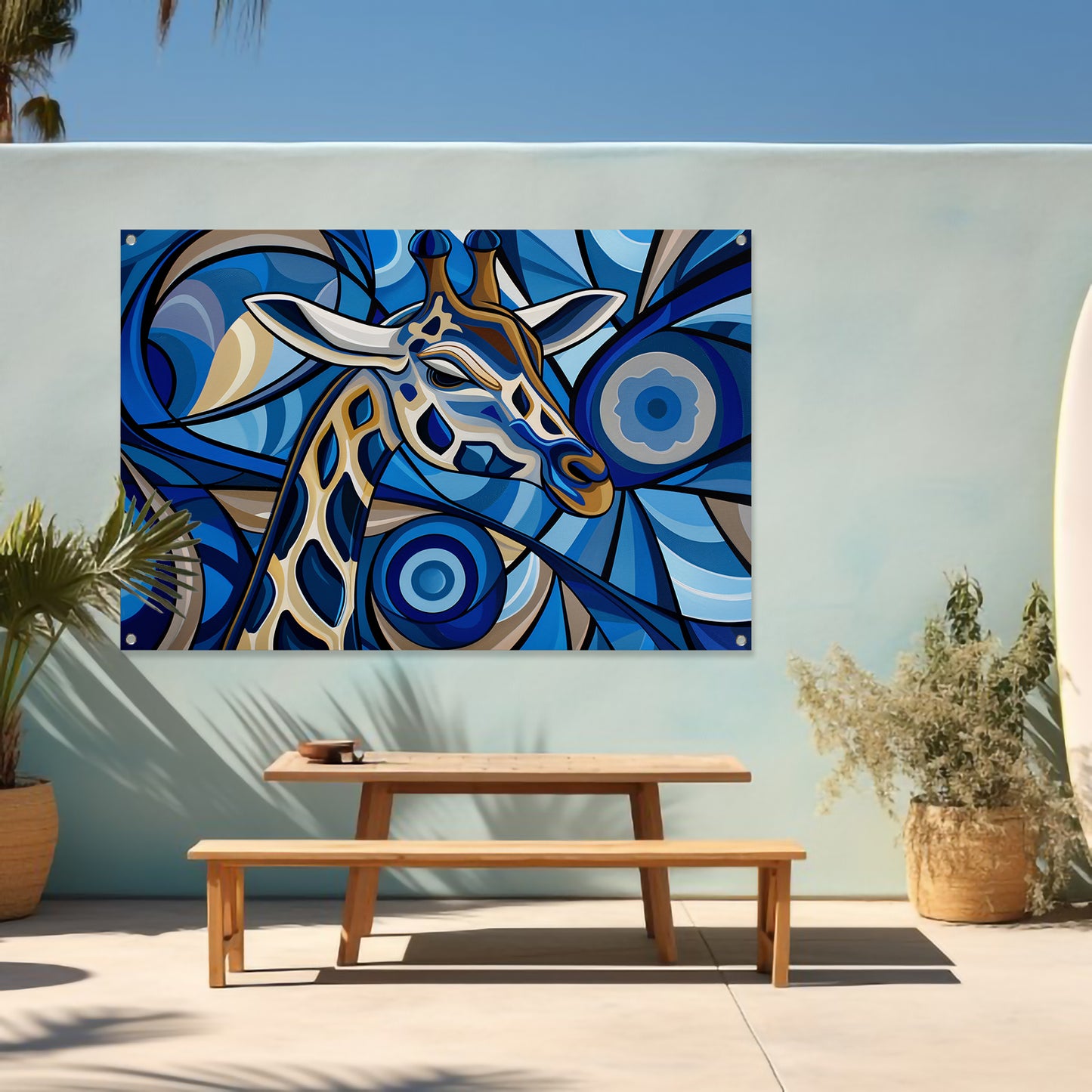 Abstracte schilderij van een giraffe in blauw tuinposter