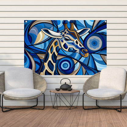 Abstracte schilderij van een giraffe in blauw tuinposter
