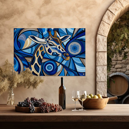 Abstracte schilderij van een giraffe in blauw tuinposter