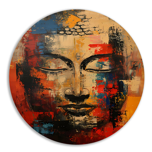 Expressieve abstracte olieverf van Boeddha in kleur aluminium muurcirkel