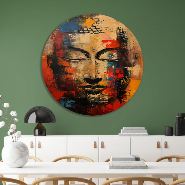 Expressieve abstracte olieverf van Boeddha in kleur aluminium muurcirkel
