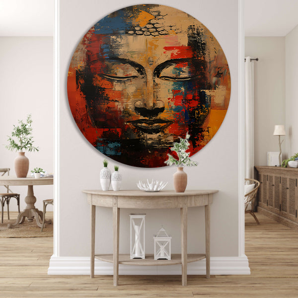 Expressieve abstracte olieverf van Boeddha in kleur aluminium muurcirkel