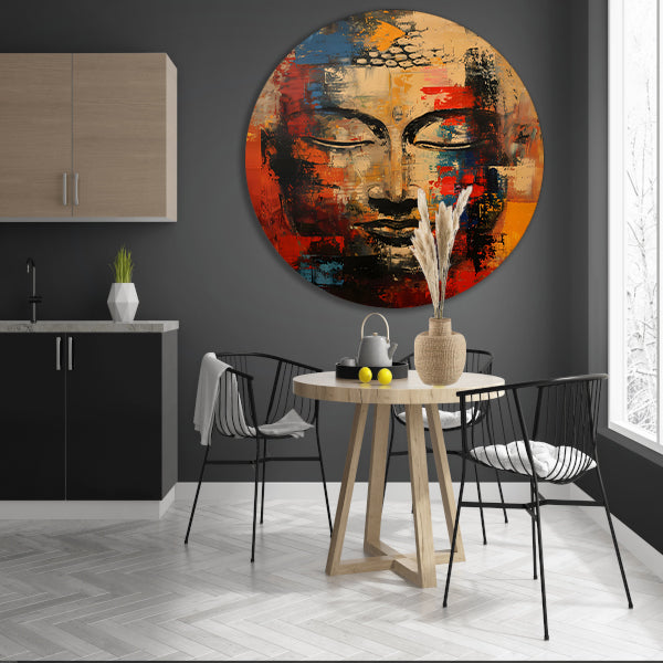 Expressieve abstracte olieverf van Boeddha in kleur aluminium muurcirkel