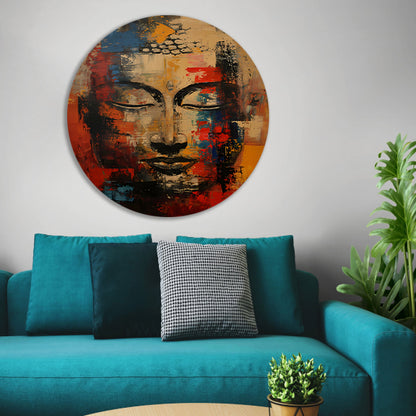 Expressieve abstracte olieverf van Boeddha in kleur aluminium muurcirkel