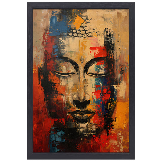 Expressieve abstracte olieverf van Boeddha in kleur canvas met baklijst